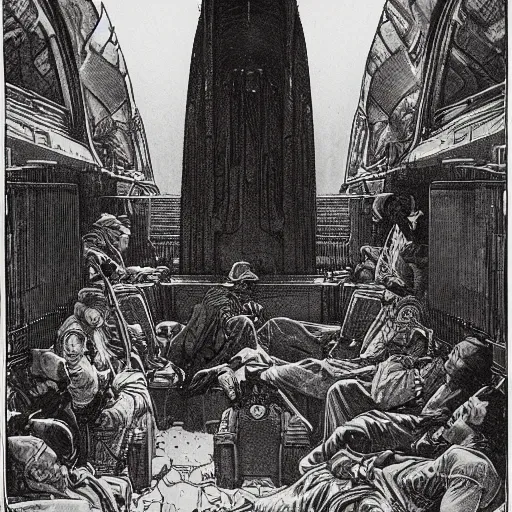 Prompt: artwork by Franklin Booth showing Babylon by bus