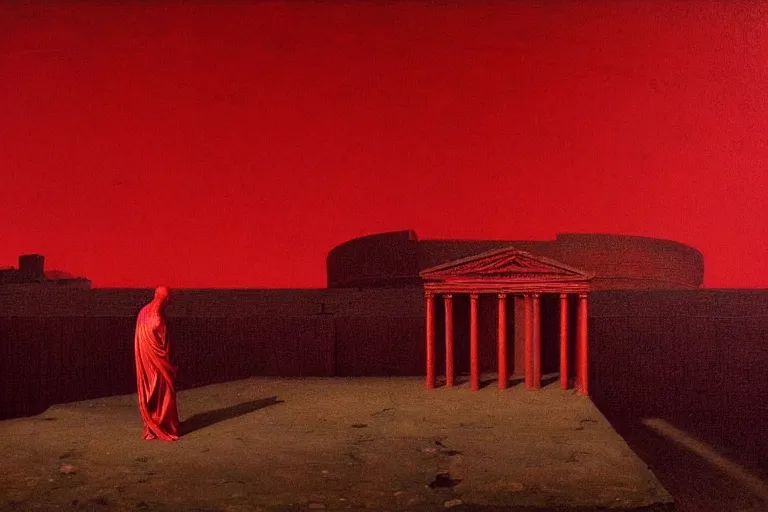 Image similar to only with red, caesar after war, the deal, a red tiger, in hoc signo vinces, rome in background, an ancient path, in the style of beksinski, part by hopper, part by rodcenko, part by hofbauer, intricate composition, red by caravaggio, insanely quality, highly detailed, masterpiece, red light, artstation