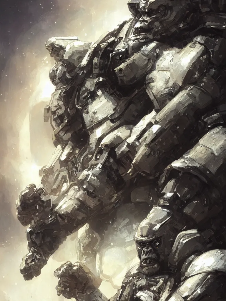 Prompt: a highly detailed science-fiction character portrait of a serious gorilla wearing a white armored space suit, intricate, wild, digital painting, artstation, concept art, smooth, sharp focus, illustration, art by artgerm and greg rutkowski and alphonse mucha, masterpiece, stunning, dynamic