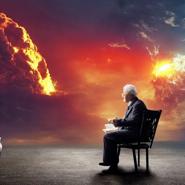 Image similar to cinematic movie, background blur bokeh, old man sitting in chair with black cat watching nuke explosion, world ending nuke, 4 k