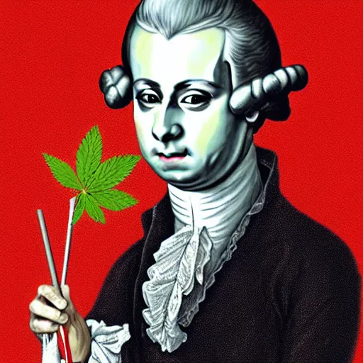 Prompt: Mozart with bloodshot eyes holding a weed joint in his hand, digital art