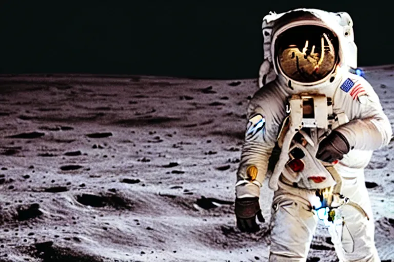 Image similar to Paul mccartney playing on the moon in an astronaut outfit, face visible. mouth open wide