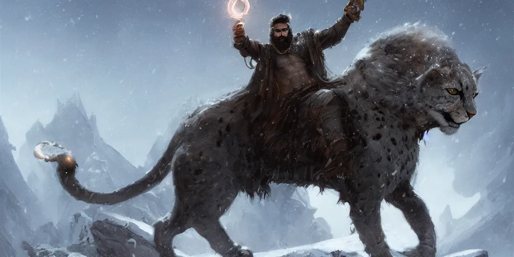 Prompt: lonely famous persian super hero with long beard having a mace in hand on a snowy peak wearing a cheetah skin coat and a steel helmet fighting a white beast, art by greg rutkowski, dark fantasy art, high detail, trending on artstation, insane details, dramatic lighting,