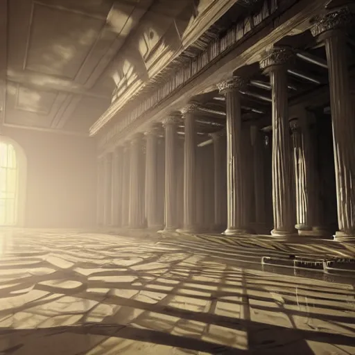 Image similar to photo, god's rejected first draft of humanity, inside a heavenly neo - futuristic greek revival beautiful cloud city with large white marble columns, golden hour lighting, god rays, volumetric lighting and fog