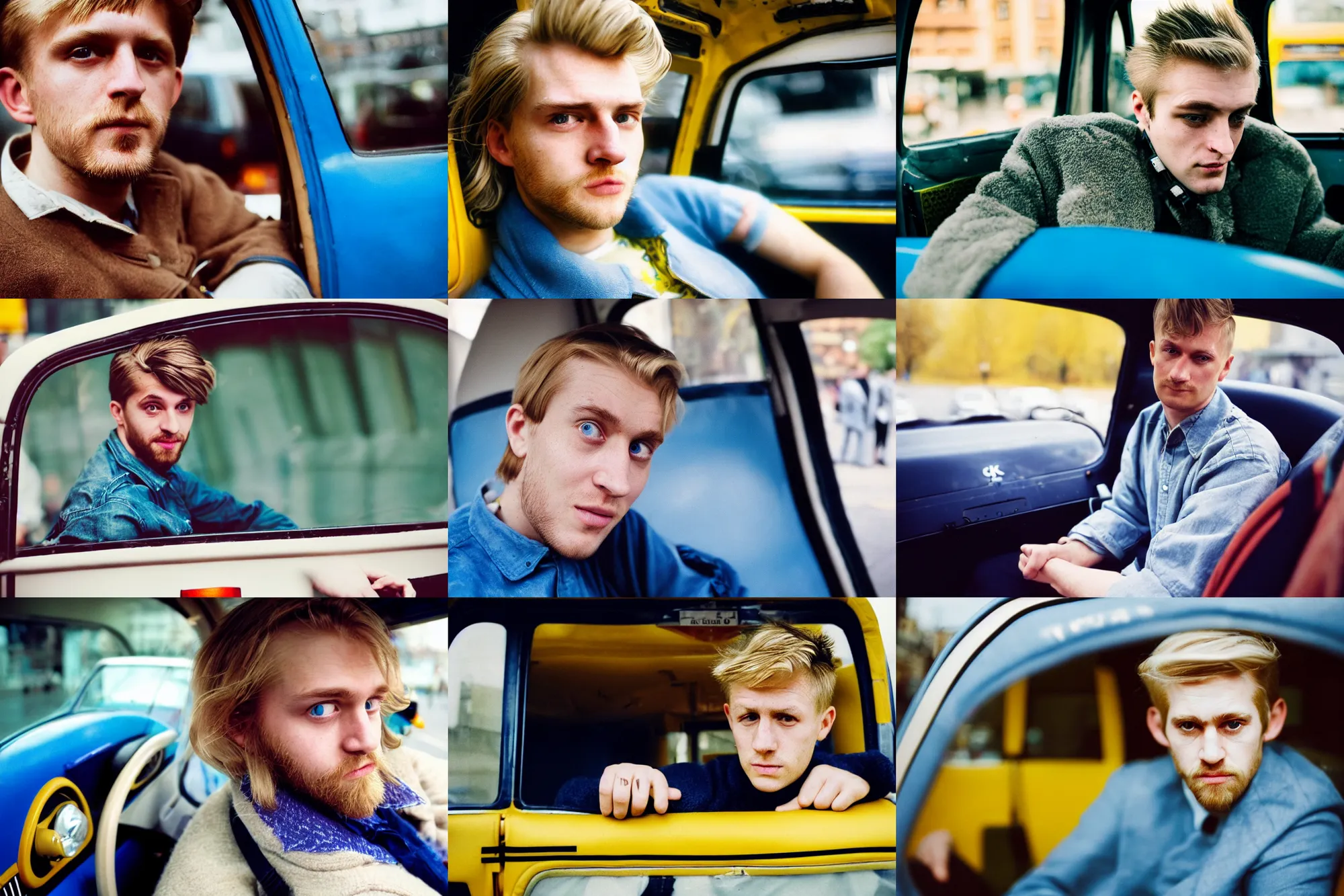 Prompt: candid photo of a Caucasian man sat in back of a UK taxi, Kodak Portra 400,8K,highly detailed: beautiful perspective extreme closeup portrait photo in style of 2000s retrofuturism, photography fashion edition, tilt shift, highly detailed, focus on man ;blonde hair;blue eyes, clear eyes, soft lighting