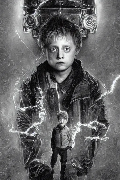 Image similar to realistic portrait beautiful concept art of home alone 2 movie scene when little macaulay culkin turns into cyborg. horror, created by gustave dore and greg rutkowski, high detailed, smooth draw, synthwave neon retro, intricate, trending on artstation.