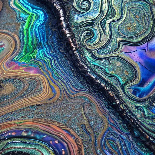 Image similar to Art Nouveau cresting oil slick waves, hyperdetailed bubbles in a shiny iridescent oil slick wave, ammolite, dinosaur bone, detailed giant opalized ammonite shell, black opal, abalone, paua shell, ornate copper patina medieval ornament, rococo, organic rippling spirals, octane render, 8k 3D, druzy geode, cresting waves and seafoam