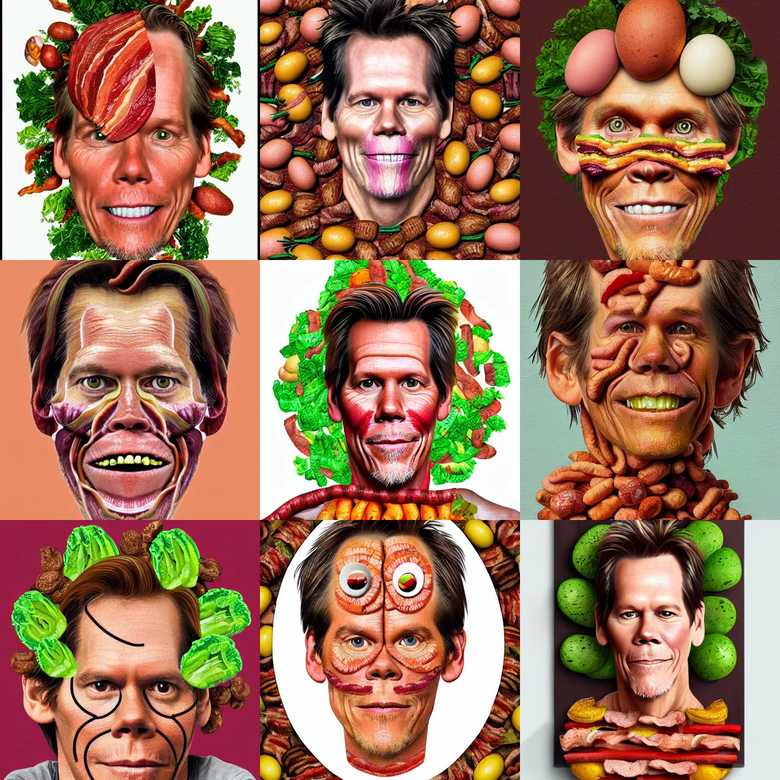 Prompt: kevin bacon made of eggs and 🥓 bacon and vegetables, digital painting by arcimboldo