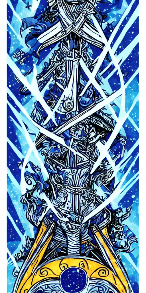 Image similar to Knight of Swords tarot card throne, space fantasy, symmetrical blue white and black, in the style of skottie young