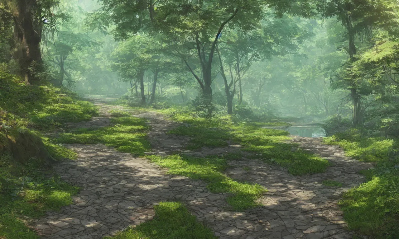 Image similar to path leading along river in the forest, soft lens, soft light, cel - shading, animation, in the style of cgsociety, deviantart, artstation, zbrush, cinema 4 d, studio ghibli, akihiko yoshida, atelier lulua, masamune shirow