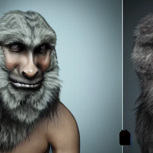 Prompt: man transforming into a werewolf with grey realistic fur, high detail, hyper realism, unreal engine, 8 k