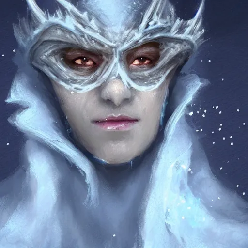 Image similar to a fantasy snow bandit from ‘ icewind dale ’ with a mask on, frost gem, ice, ‘ icewind dale 2 ’ profile portrait by ‘ justin sweet ’, falling snow, soft focus, illustrated, oil paint, artstation