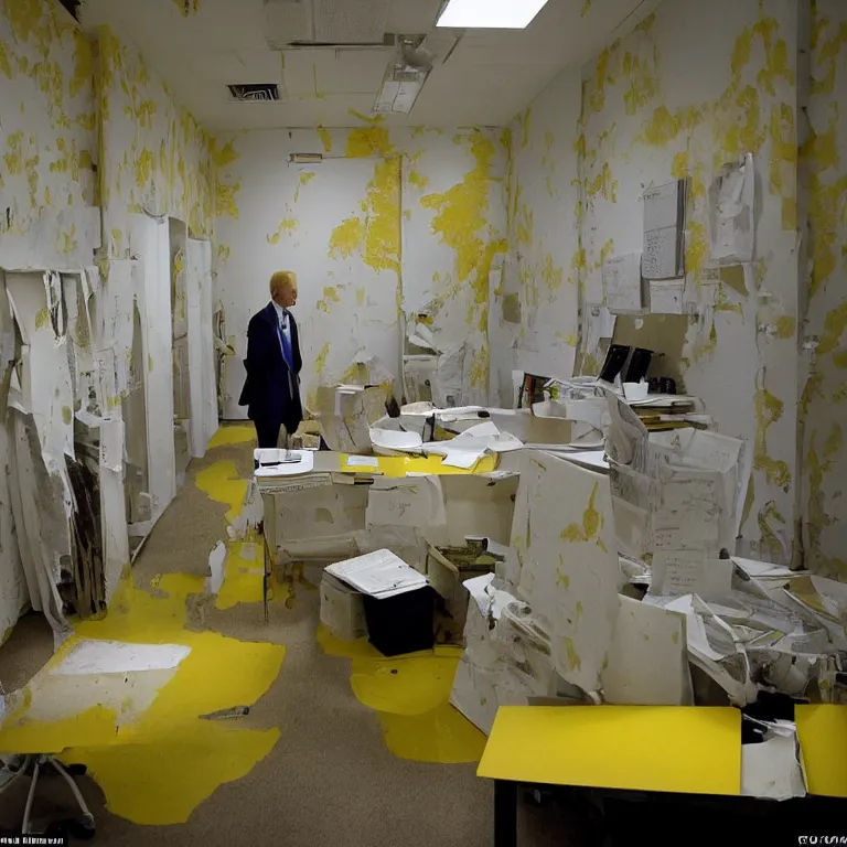 Prompt: the backrooms. Joe Biden lost in an endless office space with peeling yellow wallpaper lit by fluorescent lights with no windows