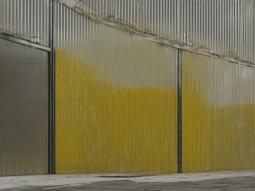 Image similar to shuttered mall store, metallic shutter, joyful, yellow details, overgrown, vegetation, metal fences, polished concrete, reflective, octane render, concept art
