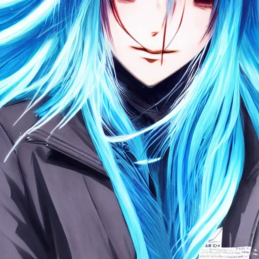 Prompt: full body shot of rimuru tempest, sky blue straight hair, long bangs, with amber eyes, wearing a black jacket, high collar, ultra detailed, concept art, award winning photography, digital painting, cinematic, wlop artstation, closeup, pixiv, evil, yoshitaka amano, andy warhol, ilya kuvshinov,