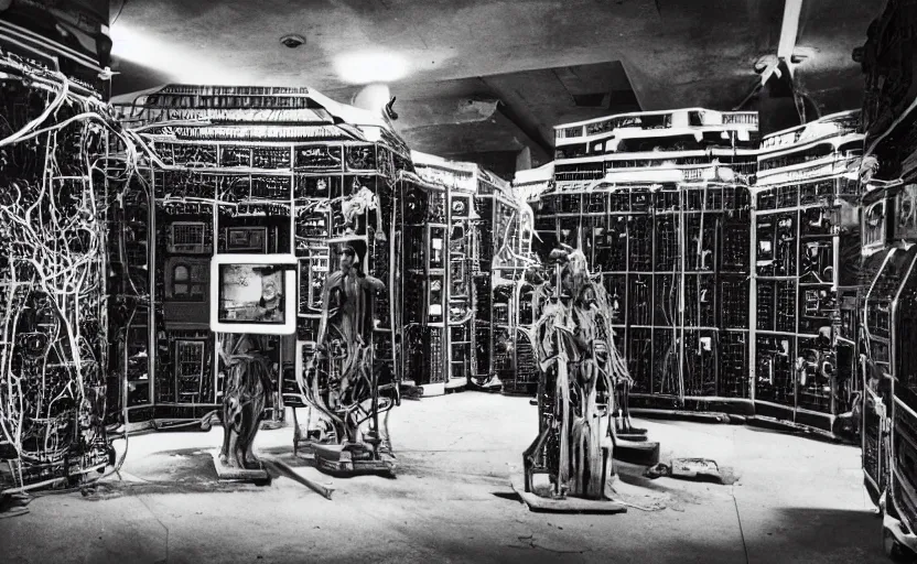 Image similar to mayans worshipping an occult supercomputer, black and white photography