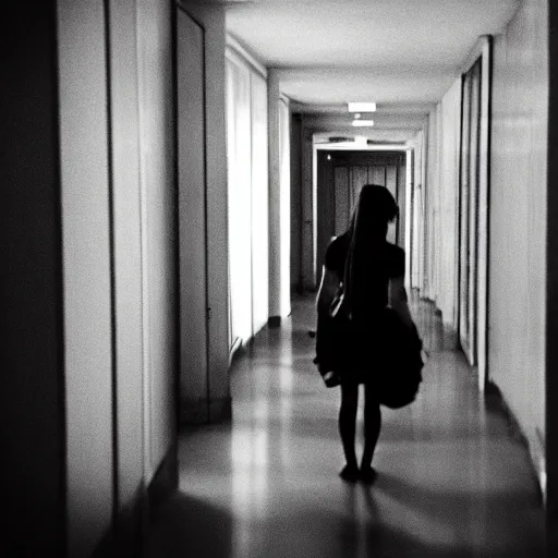 Image similar to I see shadows in the halls, dark ambiance, film grain, horror elements.