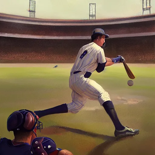 Image similar to baseball player hitting the ball with the baseball bat in the middle of the game and in front of everyone in the stadium, james gurney painting style, greg rutkowski, artstation