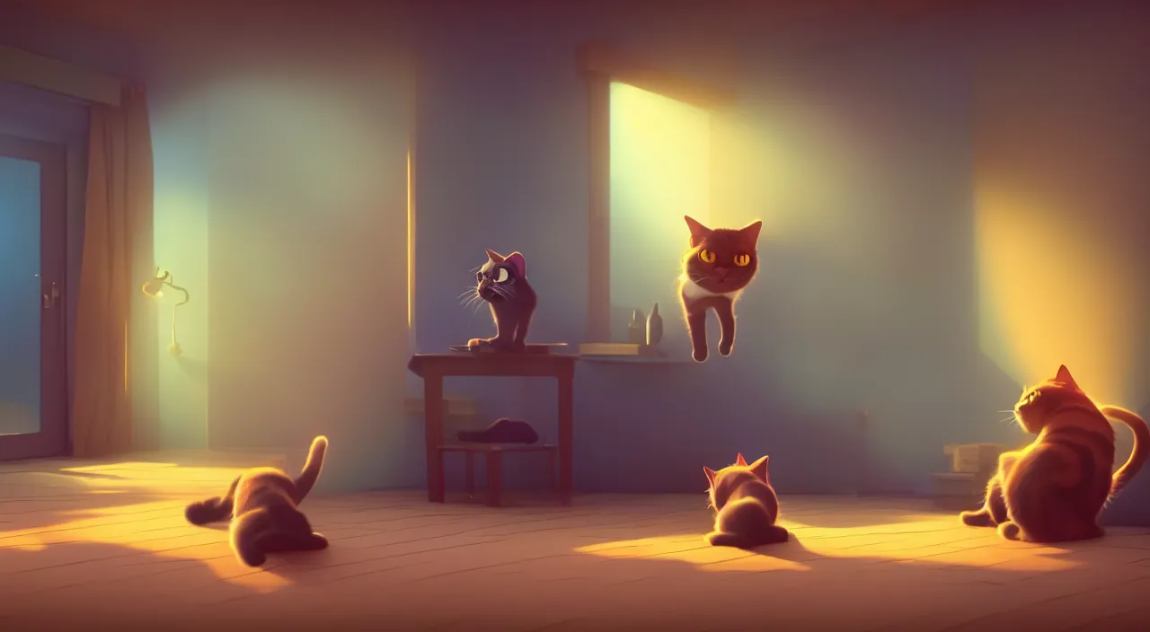 Prompt: a cat is playing around next to a man in a room. digital art. artstation. realistic. vibrant. illustration. in the style of pixar movie. octane render. volumetric lighting.