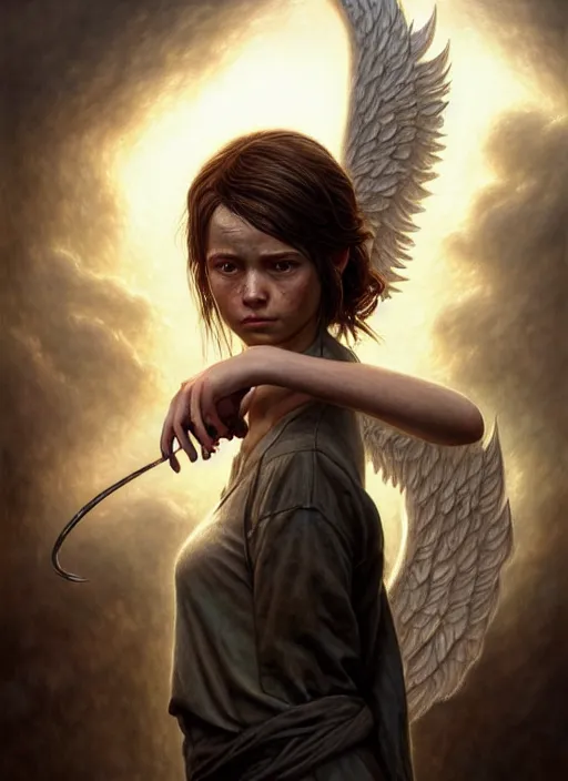 Image similar to abby from last of us 2 as an angel, aesthetic, fine art, intricate, elegant, highly detailed, realistic hair, centered, digital painting, art station, conceptual art, soft, sharp focus, illustration, artwork, artgerm, tomasz alen kopera, peter mohrbacher, donato giancola, wlop, boris vallejo