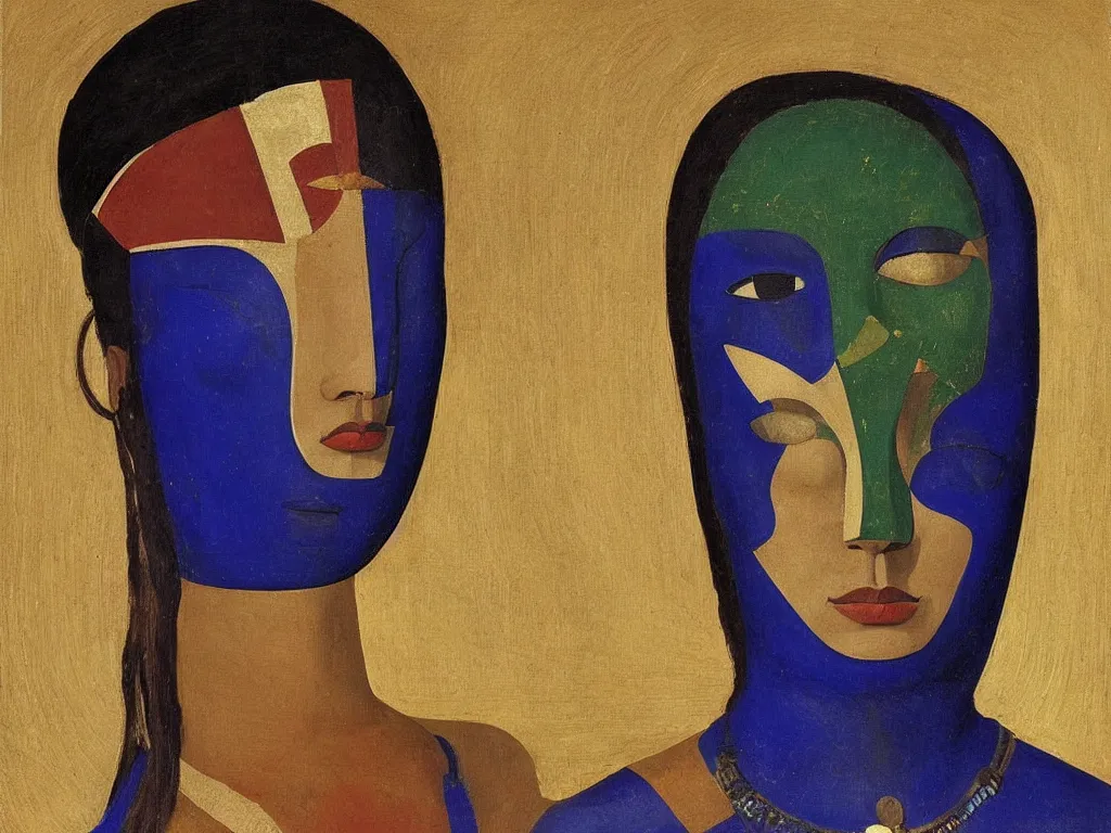 Image similar to portrait of a woman head with african mask. lapis lazuli, malachite, obsidian, gold. painting by piero della francesca, balthus, agnes pelton