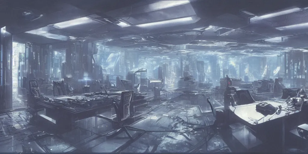 Prompt: a dystopian cyberpunk office interior with huge holographic displays everywhere, ralph maquarrie and giger and syd mead cinematic matte painting, 4 k