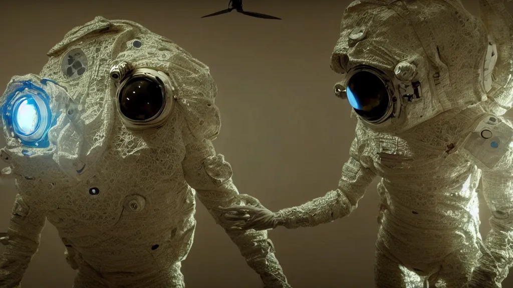 Image similar to a astronaut eva suit covered in diamond 3d fractal lace iridescent bubble 3d skin and covered with insectoid compound eye camera lenses floats through the living room, film still from the movie directed by Denis Villeneuve with art direction by Salvador Dalí, wide lens,