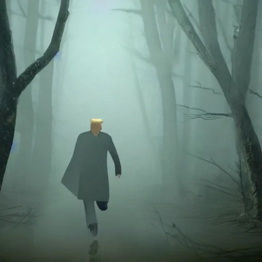 Image similar to A picture of Donald Trump running from Pyramid Head from Silent Hill in the woods.