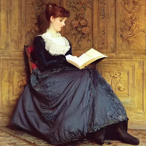 Image similar to young victorian lady in ball gown reading a book, painted by alfred stevens