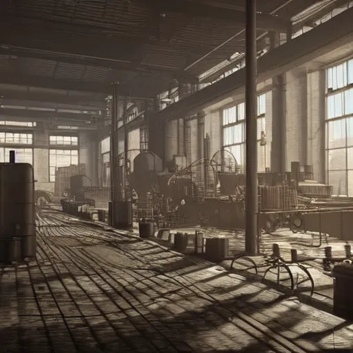 Image similar to factories of the industrial revolution in europe, highly detailed, photorealistic shot, bright studio setting, studio lighting, crisp quality and light reflections, unreal engine 5 quality render