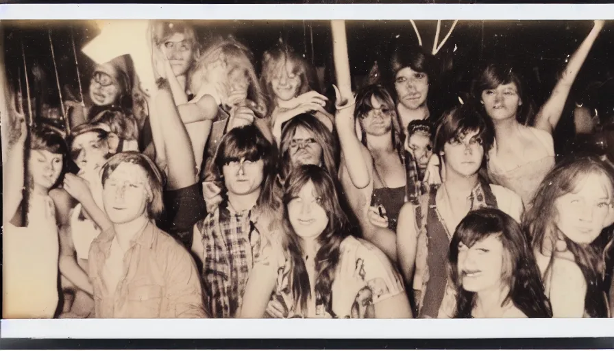 Image similar to fire damaged polaroid photograph of 70s teenagers at a carnival.
