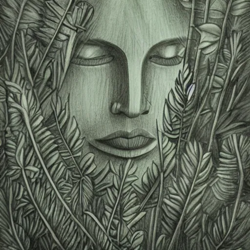 Prompt: 🌾🍃☘🗿, pencil illustration