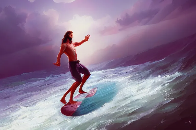 Prompt: jesus surfing the vibe wave by mandy jurgens, artstation