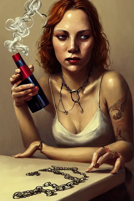 Image similar to dirty faced and very tired womanlooking pile smoking a winebottle, drugs, cigarrette boxes at the table, fantasy, intricate, elegant, highly detailed, digital painting, artstation, concept art, addiction, chains, smooth, sharp focus, illustration, art by Ilja Repin