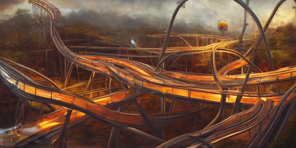 Image similar to a highway that turns into a roller coaster, cinematic lighting, detailed oil painting, hyperrealistic, 8k