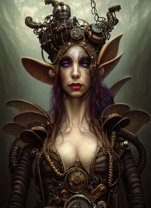 Prompt: portrait shot of steampunk evil elf in a scenic dystopian environment, intricate, elegant, highly detailed, centered, digital painting, artstation, concept art, smooth, sharp focus, illustration, artgerm, tomasz alen kopera, peter mohrbacher, donato giancola, joseph christian leyendecker, wlop, boris vallejo