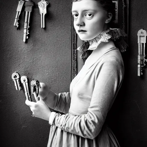 Prompt: old monochrom portrait photography of a beautiful girl holding old keys in her hand, many vintage locks on the walls, in a victorian decor, by man ray, alfred ghisoland, gemmy woud - binendijk, erwin olaf, 4 k,