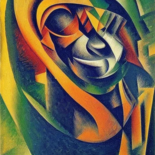 Image similar to cubo - futurism art portrait of an ape monkey by umberto boccioni, futuristic very abstract style painting, futurism art movement