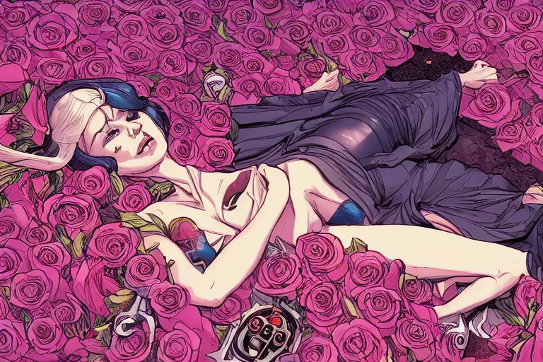 Image similar to comic book illustration, an alien princess lying on a bed of roses, cyberpunk concept art by josan gonzales and wlop, highly detailed, intricate, sci-fi, sharp focus, Trending on Artstation HQ, deviantart