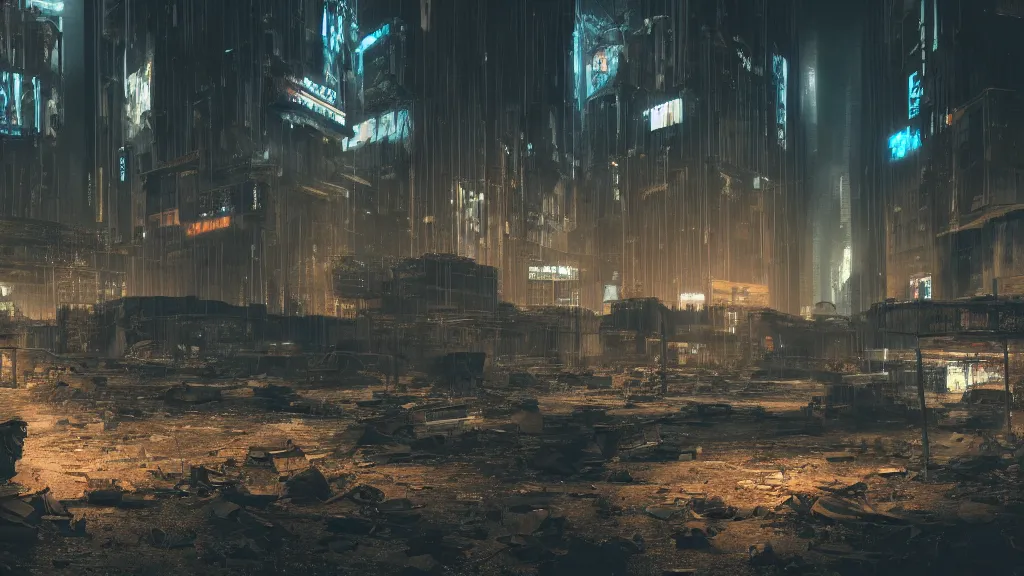 Prompt: The ruins of an abandoned cyberpunk city at night, volumetric lighting, liminal space, haunting atmosphere, photorealistic, hyperdetailed 3D matte painting, hyperrealism, hyperrealistic, cinematic, silent hill, horror style 8k ultra HD octane render