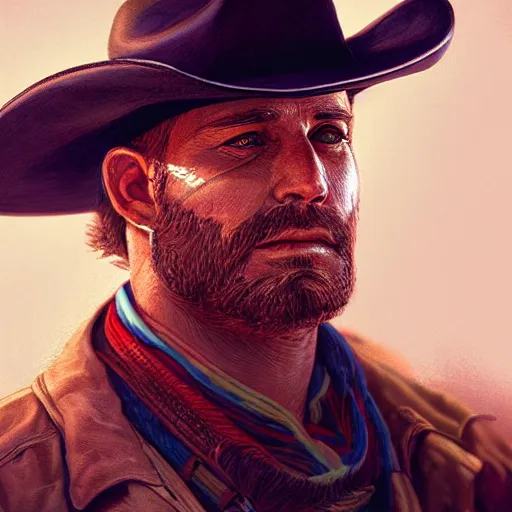 Image similar to a portrait of a cowboy in 2 0 7 0, intricate, highly detailed, digital painting, artstation, concept art, smooth, sharp focus, illustration, cinematic, vfx