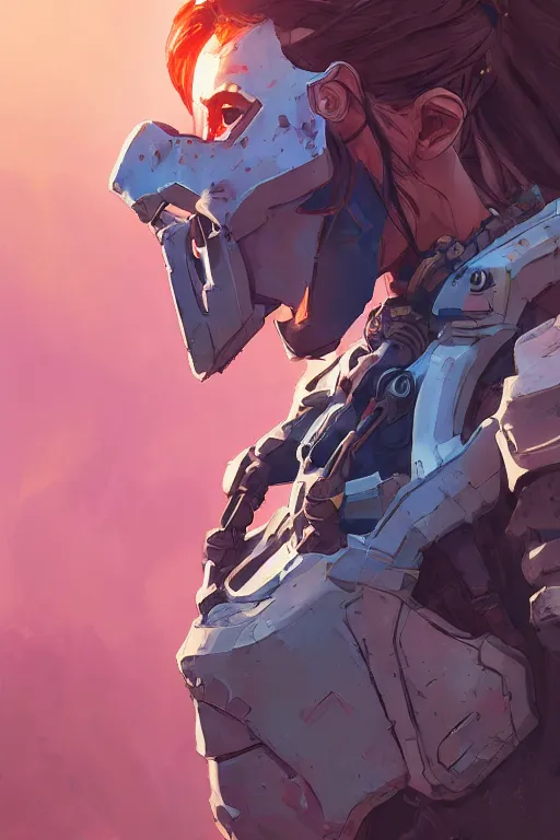 Image similar to combination suit armor aloy horizon forbidden west horizon zero dawn robot ninja mask helmet backpack tribal, art gta 5 comics, official fanart behance hd artstation by jesper ejsing, by rhads, makoto shinkai and lois van baarle, ilya kuvshinov, ossdraws radiating a glowing aura cgi rtx 2 0 2 2