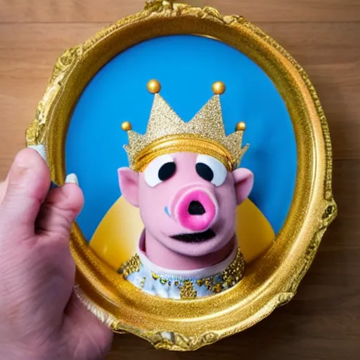 Image similar to pig hiker wearing a gold crown as a Muppet holding a silver platter 8k