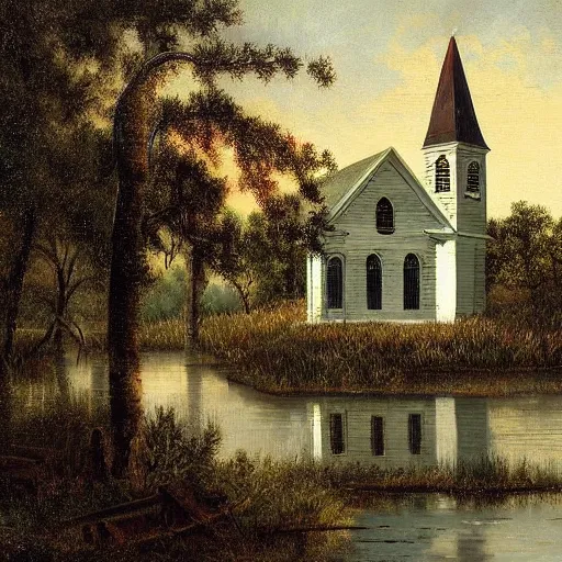 Image similar to 1 9 e century southern gothic scene, old white wooden church in bayou swamps, in louisiana, old painting style claude gellee