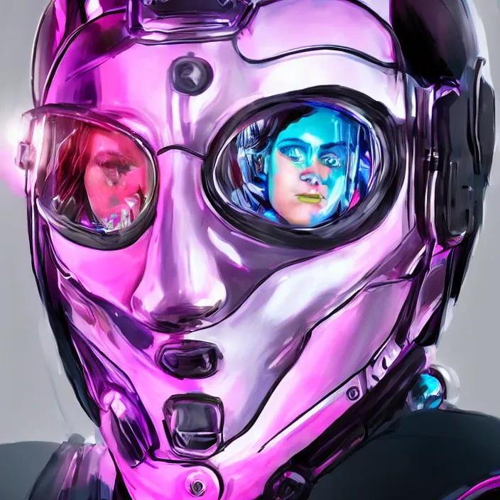 Image similar to biker girl in cybernetic helmet beautiful realistic symmetrical defined face, slight smile and open eyes, anatomically correct, cyberpunk, full portrait, high detail, realistic, synthwave neon pink and blue and red and purple and black