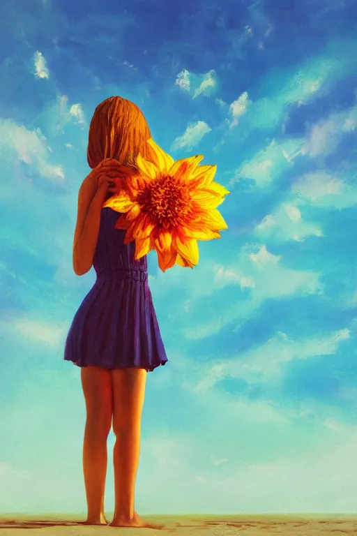 Image similar to closeup giant dahlia flower head, girl standing on beach, surreal photography, blue sky, sunrise, dramatic light, impressionist painting, digital painting, artstation, simon stalenhag