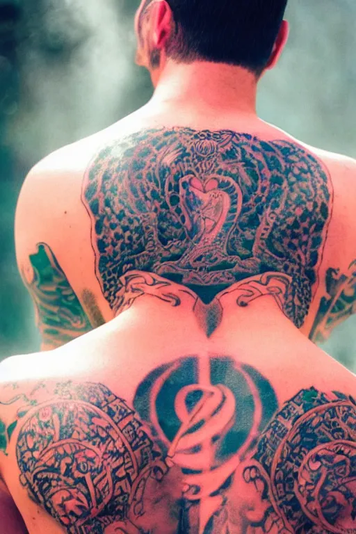 Image similar to agfa vista 4 0 0 photograph of a guy with elaborate intricate back tattoos, back view, synth vibe, vaporwave colors, lens flare, moody lighting, moody vibe, telephoto, 9 0 s vibe, blurry background, grain, tranquil, calm, faded!,