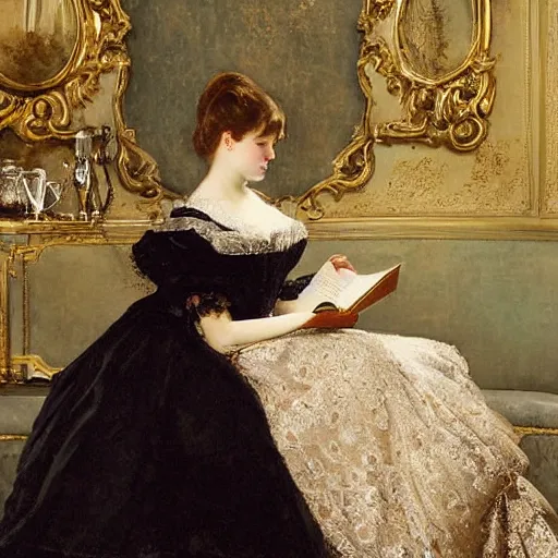 Image similar to young victorian lady in ball gown reading a book, painted by alfred stevens