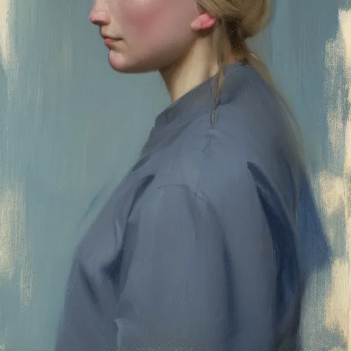 Prompt: profile of blonde girl, braided hair, blue t - shirt, side view, before a stucco wall, soft light, jeremy lipking, serge marshennikov