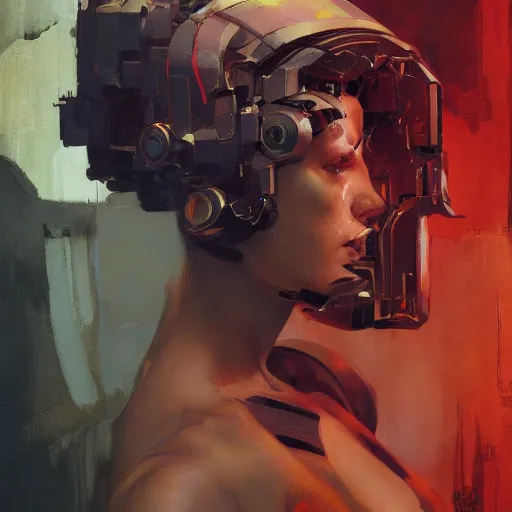 Image similar to cyborg getting an upgrade, cyberpunk, intricate, elegant, highly detailed, greg manchess, mucha, liepke, ruan jia, jeffrey catherine jones, ridley scott